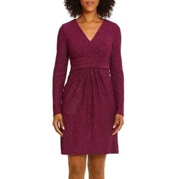 Maggy London Dress Metallic Ruched Long Sleeve V-Neck Fit & Flare Mini Purple 6 - Picture 1 of 6